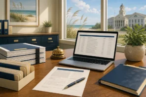 Public records request materials, file folders, and a laptop arranged at a coastal county records desk.