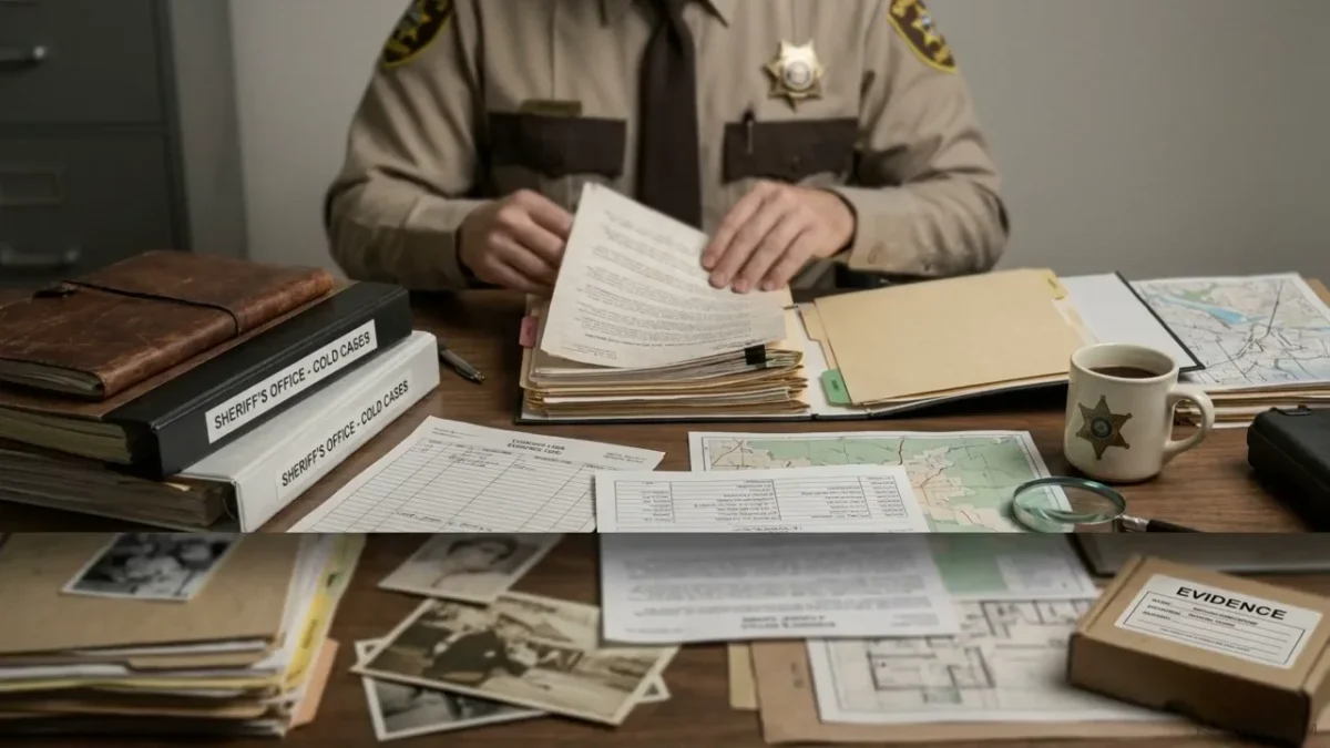 An investigator reviews records at a desk in a still from The Evidence Audit video.