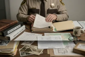An investigator reviews records at a desk in a still from The Evidence Audit video.