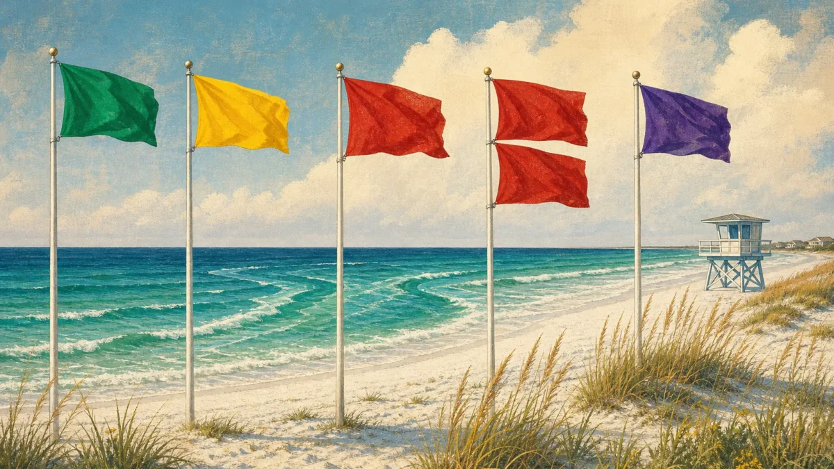 Green, yellow, single red, double red, and purple beach warning flags displayed beside the Gulf.
