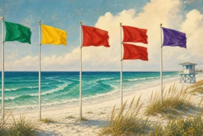 Green, yellow, single red, double red, and purple beach warning flags displayed beside the Gulf.