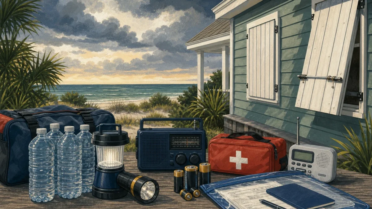 Emergency water, radios, flashlights, batteries, first-aid supplies, and documents arranged outside a shuttered coastal home.