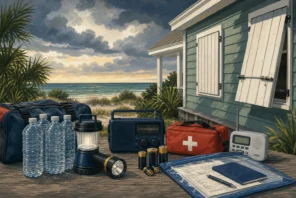 Emergency water, radios, flashlights, batteries, first-aid supplies, and documents arranged outside a shuttered coastal home.