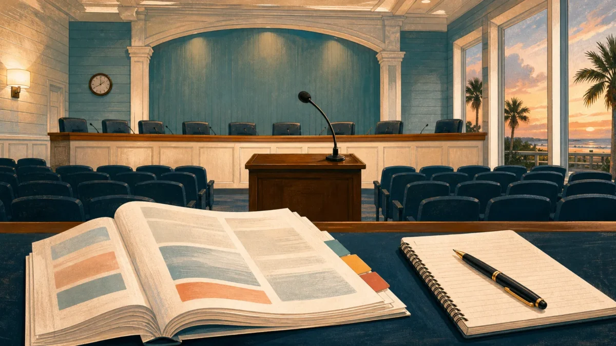 An agenda packet and notebook overlook an empty coastal city council chamber and public microphone.