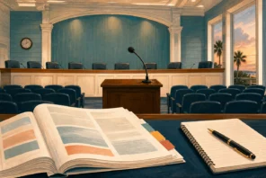 An agenda packet and notebook overlook an empty coastal city council chamber and public microphone.
