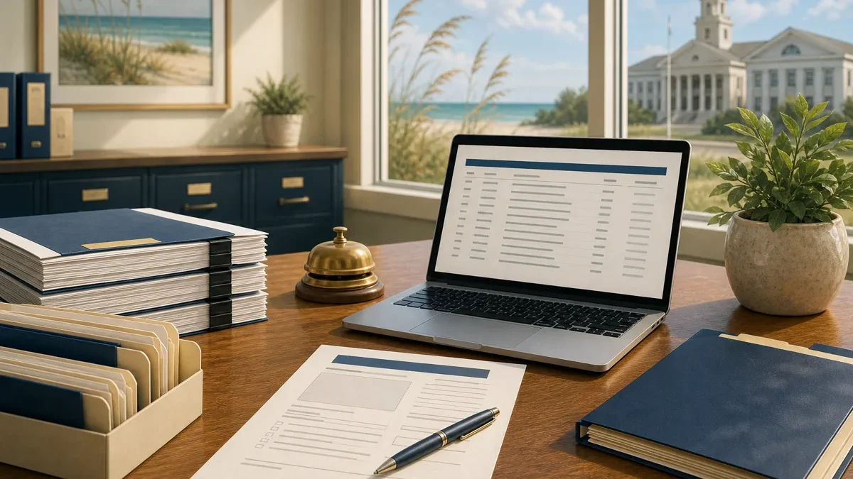 Public records request materials, file folders, and a laptop arranged at a coastal county records desk.