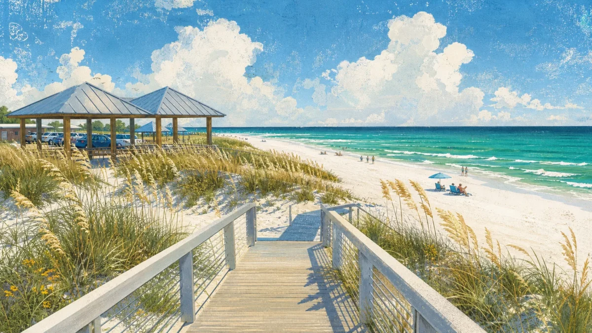 An accessible boardwalk leads through sea oats and pavilions to a wide white-sand beach and emerald Gulf.