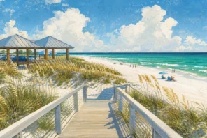 An accessible boardwalk leads through sea oats and pavilions to a wide white-sand beach and emerald Gulf.